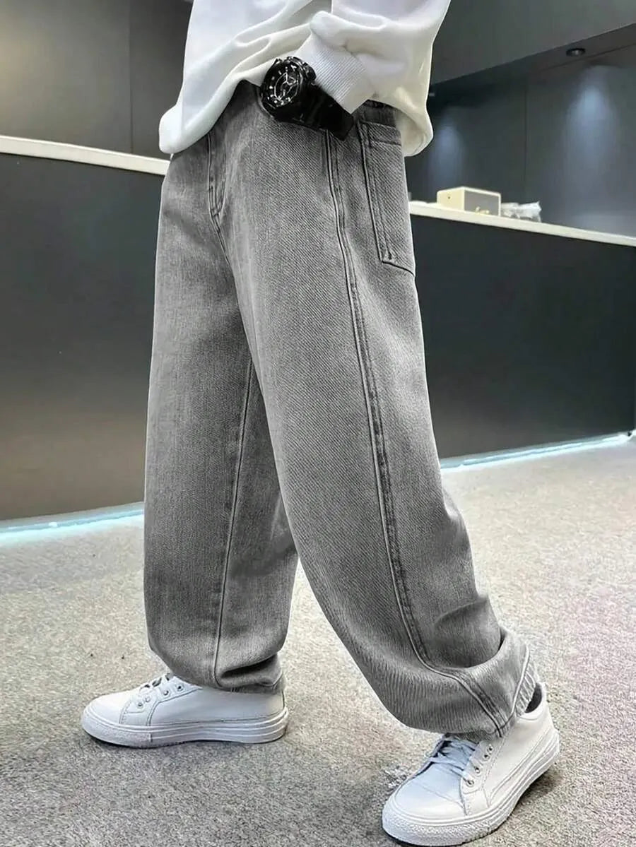 Grey Embroidered Baggy Jeans