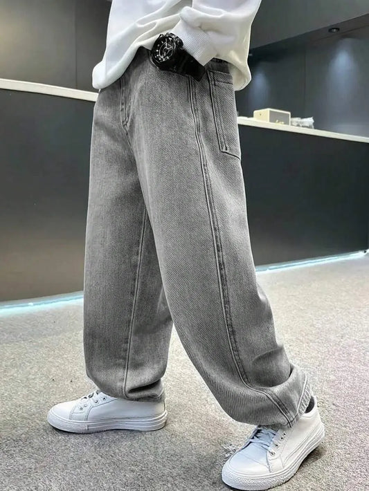 Grey Embroidered Baggy Jeans