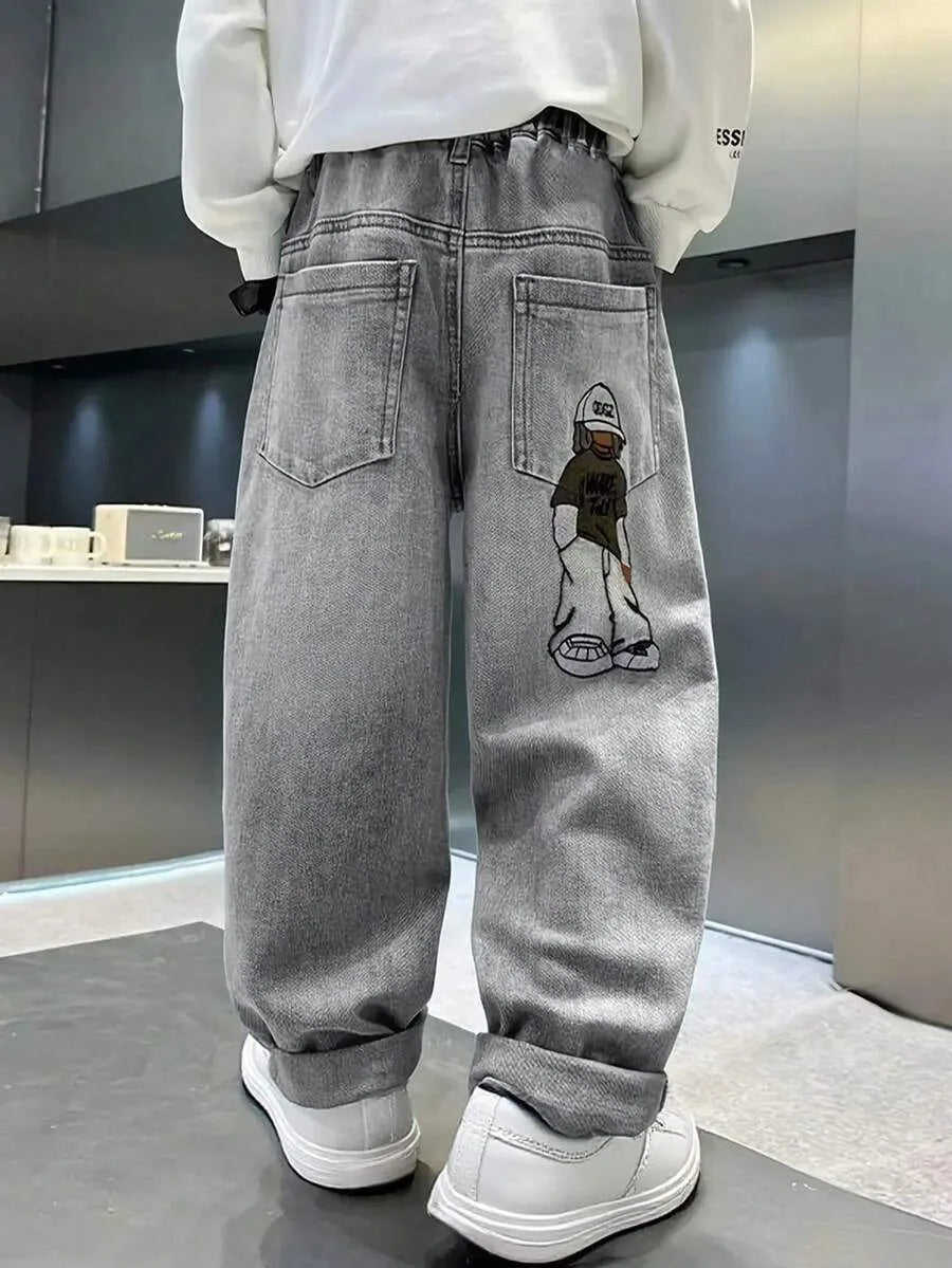 Grey Embroidered Baggy Jeans
