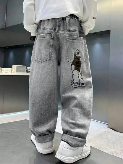 Grey Embroidered Baggy Jeans